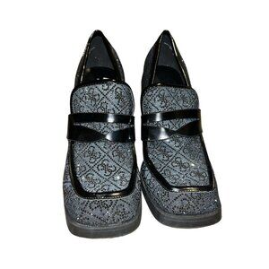 Women's Black Sparkly Guess Marcelle Block Stacked Heeled Loafers Sz 9